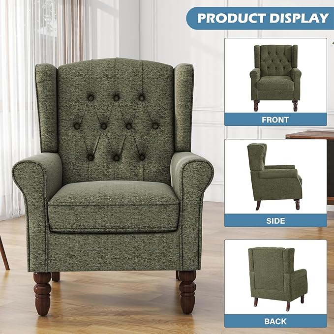 UIXE High Back Accent Chair, Upholstered Armchair in Fabric for Living Room, Retro Wingback Arm Chair Comfy Single Sofa Bedroom Reading Seat with Solid Wood Legs - Green-Ruum Studio Home