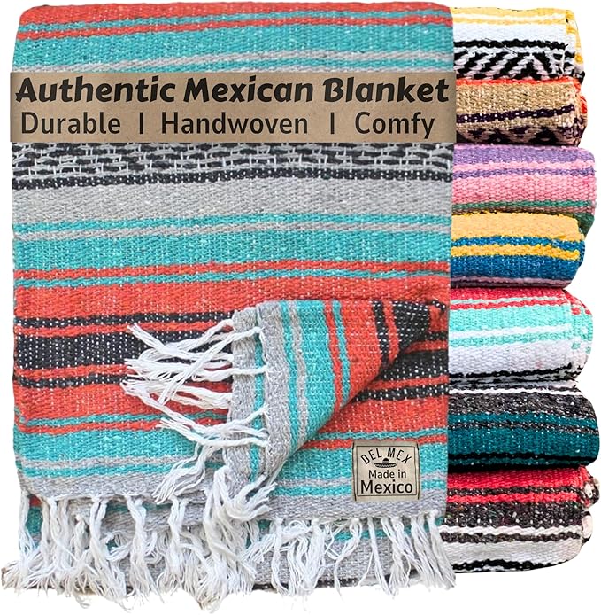 Del Mex Classic Mexican Blanket, Large Authentic Woven Falsa Throw (70"x50"), Artisan Southwest Décor for Beach, Yoga, Outdoors (Mint/Orange/Gray)-Ruum Studio Home