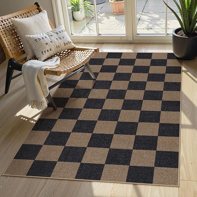 Lahome Checkered Easy Jute 3x5 Rug, Washable Rugs for Living Room Entryway Farmhouse Non Slip Black Outdoor Carpet, Checkerboard Indoor Door Mat for Entry Patio Deck-Ruum Studio Home