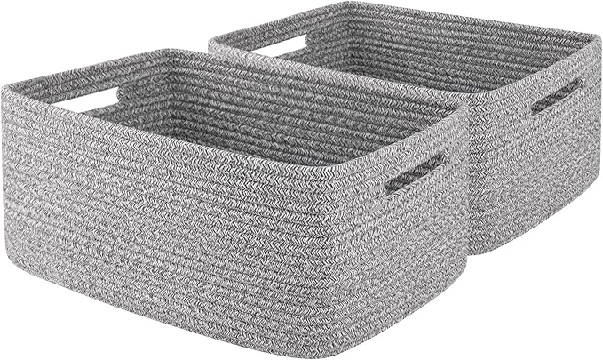 OIAHOMY Storage Basket for Shelves, Closet Cube Storage Bins Baskets for Clothes Blanket Towels, Baby Nursery, Toy Baskets Box, Woven Rope Basket, 15.75*11.81*7.09 IN, 2 Packs Grey-Ruum Studio Home
