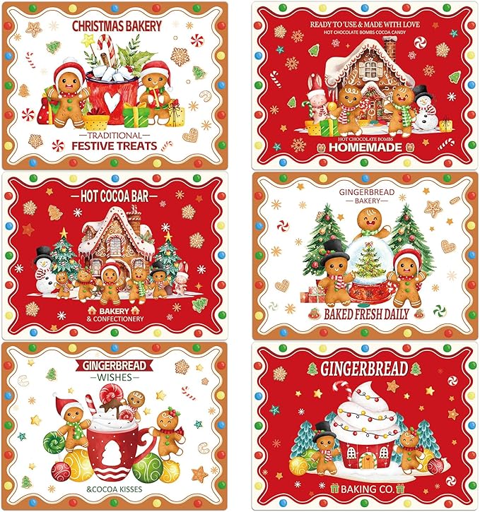 Christmas Placemats Set of 6 Christmas Retro Gingerbread Plastic Table Mats Xmas Bakery Gingerbread House Place Mats Winter Holiday Table Decoration for Indoor Outdoor Party Kitchen Dining-Ruum Studio Home
