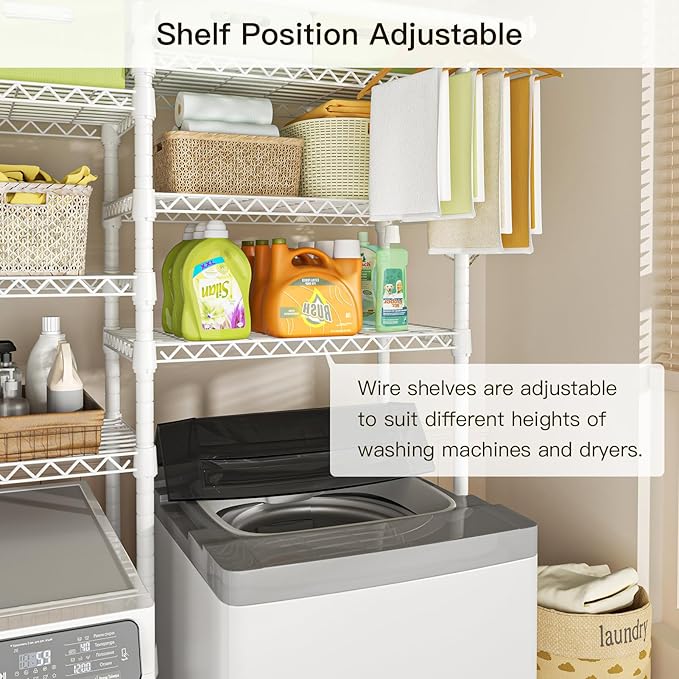 Ulif U13 Over Washer and Dryer Storage Shelves, 6 Tiers Laundry Room Standing Shelf with 2 Hanger Rods, Space Saver Clothes Drying Rack, 63.4" W x 22" D x 77.4" H, White-Ruum Studio Home