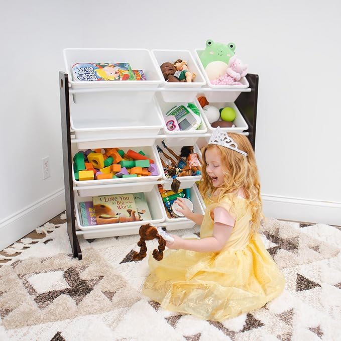 Humble Crew Kids Toy Storage Organizer with 12 Plastic Bins, Espresso/White – Removable Bins for Playroom, Bedroom, Toddler Furniture for Boys and Girls Ages-Ruum Studio Home
