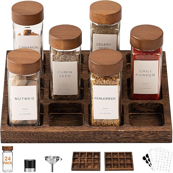 Yangbaga 24Pcs Glass Spice Jars with Labels-4oz Acacia Wood Lid Square Spice Containers and 2pcs Rack with Pepper Grinder Lids &Funnel,Seasoning Jars for Rack Cabinet Drawer-Ruum Studio Home
