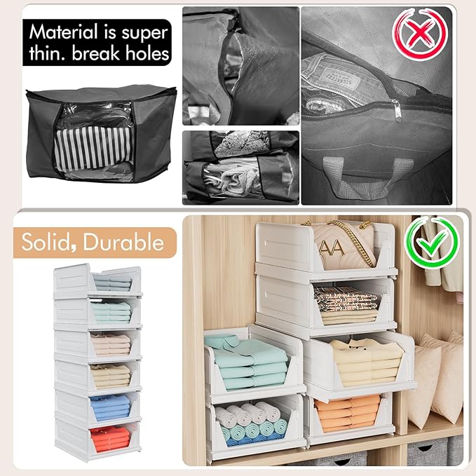 6 Pack Stackable Closet Storage Basket - Stackable Storage Bins, Multifunctional & Foldable Closet Organizer, Wardrobe Storage Space-Saving Clothes Storage Drawer Organizer, White-Ruum Studio Home