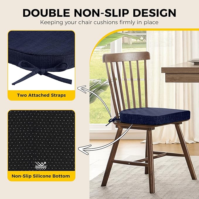 downluxe Indoor Chair Cushions for Dining Chairs, Soft and Comfortable Textured Foam Kitchen Chair Pads with Ties and Non-Slip Backing, 16" x 16" x 2", Navy, 2 Pack-Ruum Studio Home