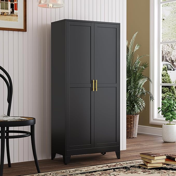 Metal Kitchen Pantry Storage Cabinet with 2 Doors and 3 Adjustable Shelves,Pantry Cabinet with Adjustable Leveling Foot for Kitchen, Living Room, Dining Room（Black）-Ruum Studio Home