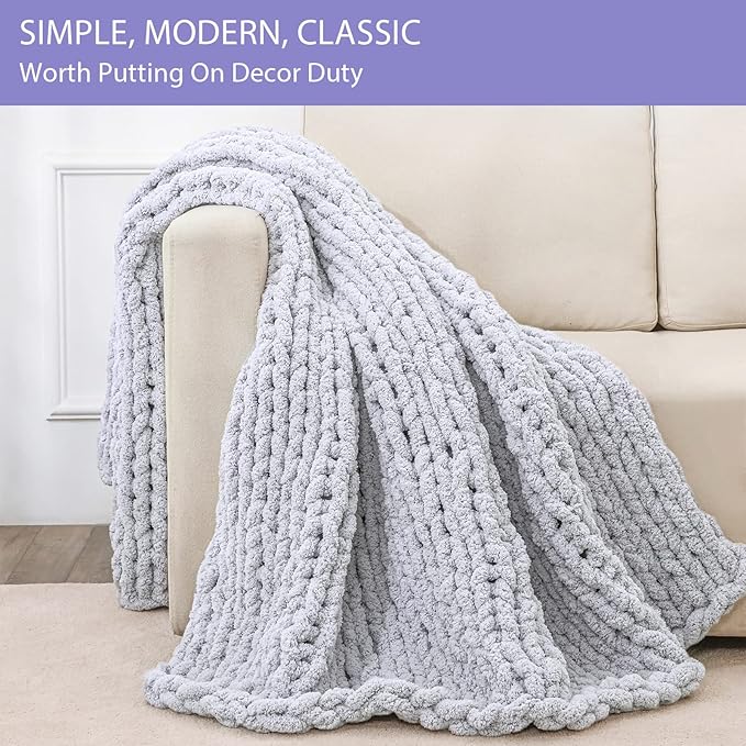 Bigacogo Chunky Knit Throw Blanket for Couch, 60x80 inches, 100% Hand Knitted with Thick Jumbo Chenille Yarn, Cozy Soft Large Rope Knot Cable Crochet Blankets for Sofa Bed Living Room, Light Grey-Ruum Studio Home
