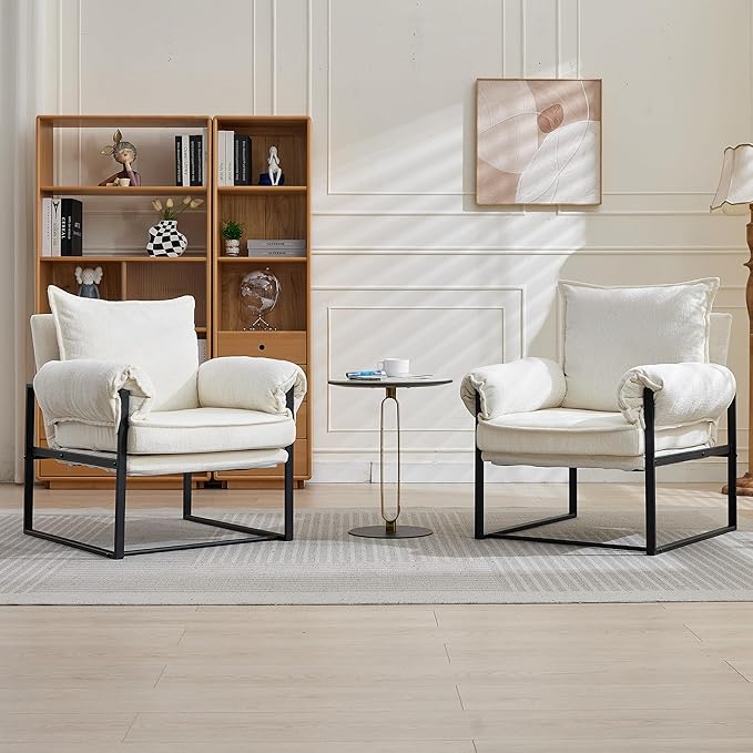 YISHENG Accent Chair with 6-Angle Adjustable Backrest, Chenille Fabric Living Room Chair Upholstered Lounge Chair, Modern Chair Cozy Reclining Chair for Reading Room, Set of 2 White-Ruum Studio Home