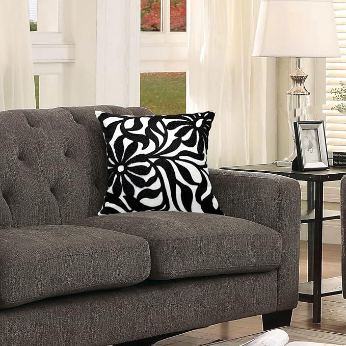 Alysheer Farmhouse Floral Leaves Embroidered Decorative Throw Pillow Cover 18x18 inches, Boho Tufted Flowers Embroidery Pattern Chic Cotton Cushion Case for Couch Bed Sofa Living Room(Black)-Ruum Studio Home
