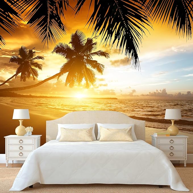 WFBHUA-Tropical Beach Wallpaper Dusk Waves Palm Tree Leaf Coconut Tree Wall Mural for Living Room Bedroom (Not Peel and Stick)-Ruum Studio Home