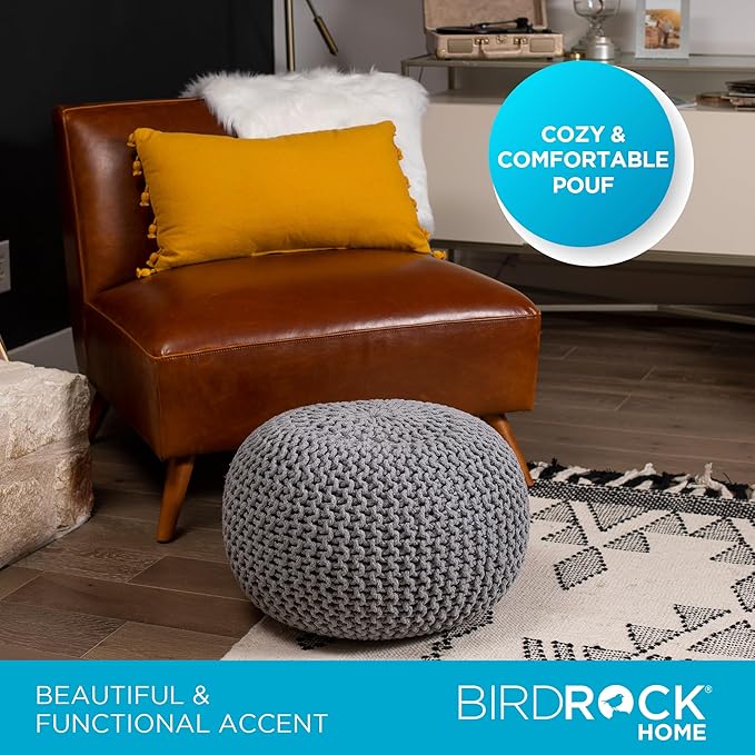 BIRDROCK HOME Round Pouf Ottoman | Cotton Braided Foot Stool with Bean Bag Filling | Boho Foot Rest for Living Room & Bedroom | Compact & Comfortable Seating, Lightweight & Soft | Light Grey-Ruum Studio Home