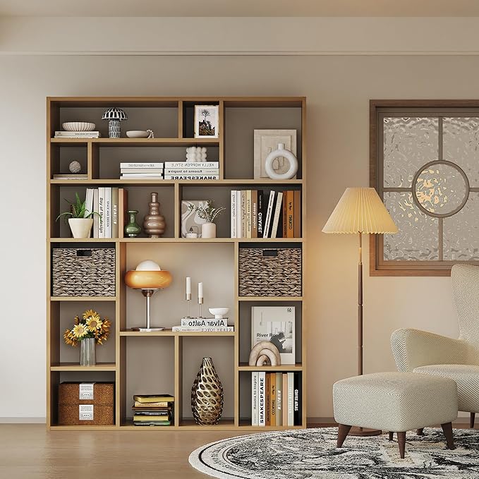 71" Tall 6-Tier Heavy Duty Bookcase with 2 Foldable Storage Baskets, 55" Wide Open Bookshelf with 16 Irregular Cubes for Living Room, Office （Yellow）-Ruum Studio Home