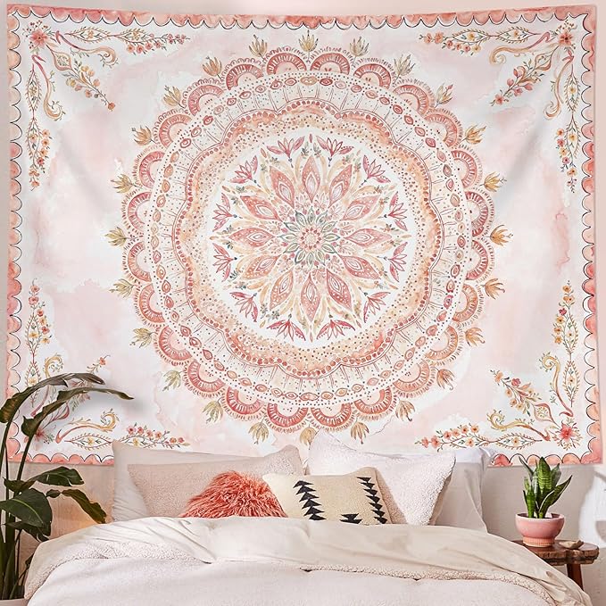 Fowocu Boho Floral Mandala Tapestry Wall Hanging Pink Bohemian Flower Medallion Tapestry Aesthetic Watercolor Hippie Indian Large Tapestries for Bedroom Living Room Dorm Decor 80 x 60 Inch-Ruum Studio Home