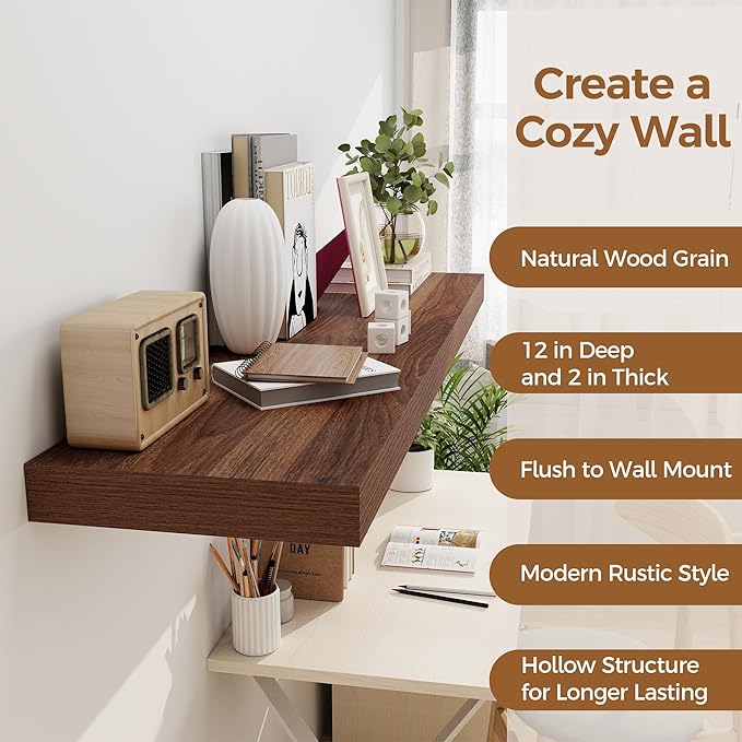 Floating Shelves 48 Inch Long, 12 Inch Deep Floating Shelves for Wall, 48 x 12 Large Wall Shelves for Home Storage & Display, 2" Thicked Floating Shelf for Bedroom, Living Room, Walnut Color, 1 Pack-Ruum Studio Home
