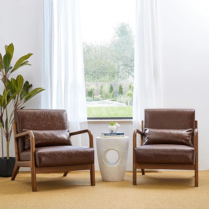 Glitzhome 30.75 "H Mid Century Coffee Accent Armchair, Single Reading Armchair PU Leather Lounge Chair with Walnut Ruberwood Frame-Ruum Studio Home