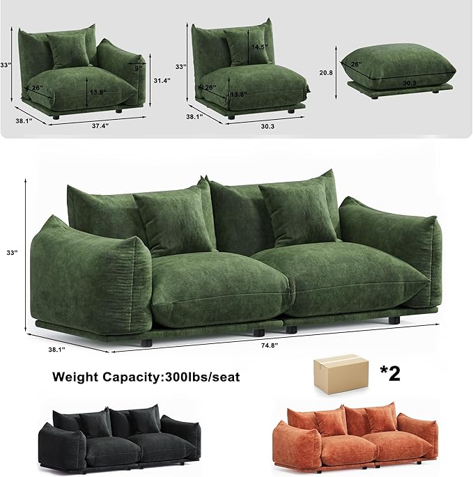 Modern Minimalist Chenille Modular Sectional Sofa, Oversized Couch and Loveseat Set with Thick Cushions, Upholstered Sofa for Small Spaces, Living Room, Bedroom, Office, Apartment(Green,75" Loveseat)-Ruum Studio Home