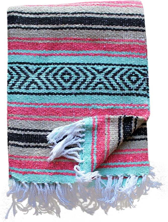 Del Mex Classic Mexican Blanket, Large Authentic Woven Falsa Throw (70"x50"), Artisan Southwest Décor for Beach, Yoga, Outdoors (Mint/Tan/Pink)-Ruum Studio Home
