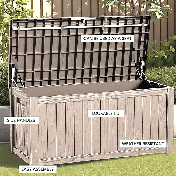 120 Outdoor Storage Box, Waterproof Resin Deck Box for Indoor & Outdoor Use, Lockable Storage Bench with Piston Hinge, Storage Bin for Patio Cushions, Garden Tools, Package Delivery, Grey-Ruum Studio Home