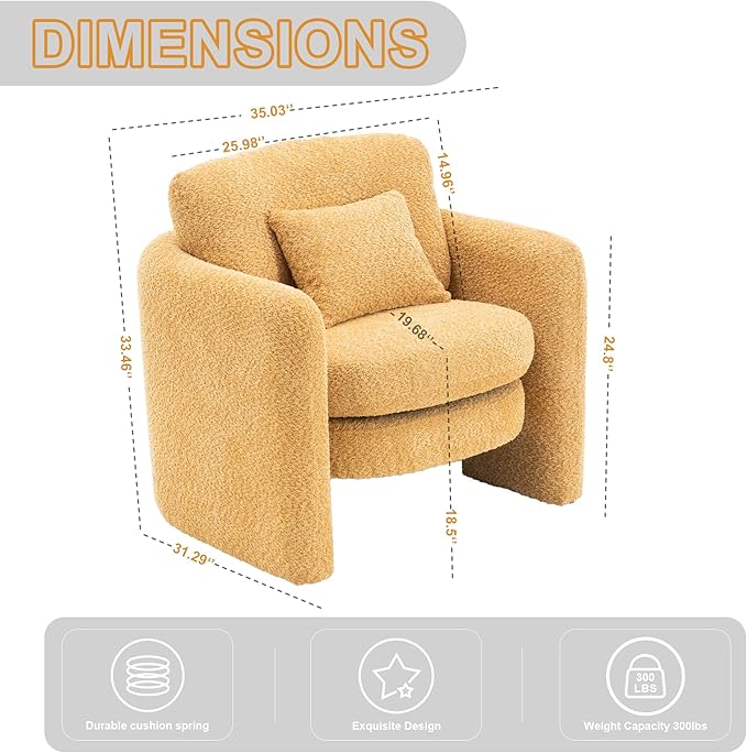 Chenille Accent Armchair Oversize Upholstered Barrel Comfy Modern Round Lounge Sofa Chair with Pillow Cozy Reading Chairs for Apartment,Office,Living Room,Dining,Makeup,Club,Yellow 2SET-Ruum Studio Home