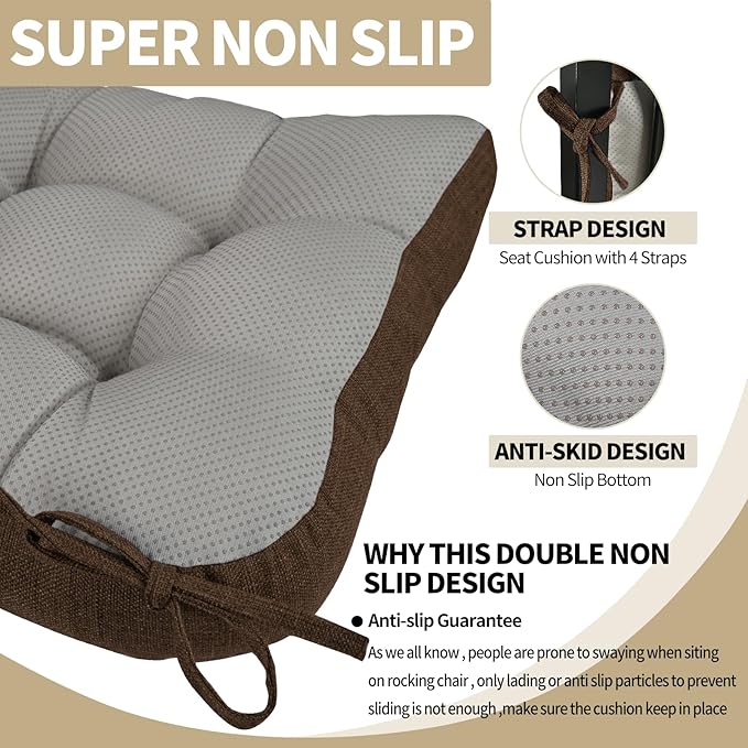 BUYUE Chair Cushion Set for Rocking Chair, Back Pillow & Seat Cushion with Ties, Original Woven Fabric Non-Slip Chair Pads for Elderly Sitting, Chocolate-Ruum Studio Home