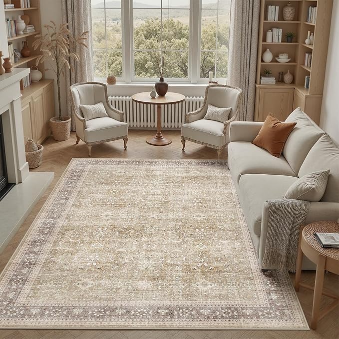 DCX Machine Washable Brown and Beige Area Rug 8x10, Non Slip Stain Resistant Vintage Rug for Living Room Diningroom Bedroom Nursery, Soft Low Pile Large Carpet-Ruum Studio Home