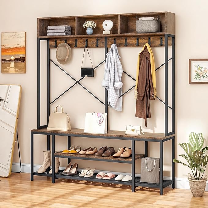 YITAHOME Entryway Bench with Coat Rack, 5-in-1 Hall Tree with Shoes Storage, Industrial Freestanding Coat Rack Shoe Bench with Storage Shelves, 10 Hooks for Hallway, Bedroom, Rustic Brown-Ruum Studio Home