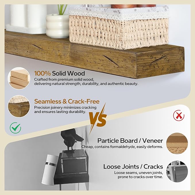 Floating Shelves 3 inch Thick for Wall Set of 2,Solid Pine Wood Wall Mount Shelf for Kitchen Living Room Bedroom Bathroom,8" D x 48" L x 3" H-Distressed Black Walnut-Ruum Studio Home