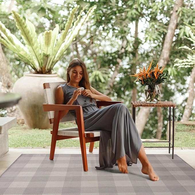 CAMILSON Outdoor Rug - Modern Area Rugs for Indoor and Outdoor Patios, Kitchen and Hallway mats - Easy Cleaning Non Shedding Washable Outside Carpet (5x7, Buffalo - Grey/White)-Ruum Studio Home