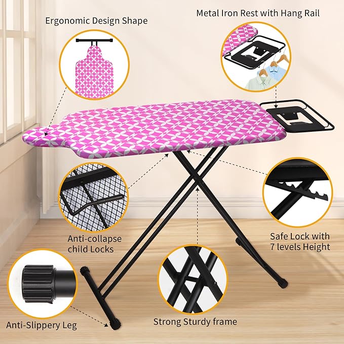 Extra Large Ironing Board with Hang Rail and Iron Rest 63" L x 20" W (Large with Iron Rest (Pink Cover))-Ruum Studio Home
