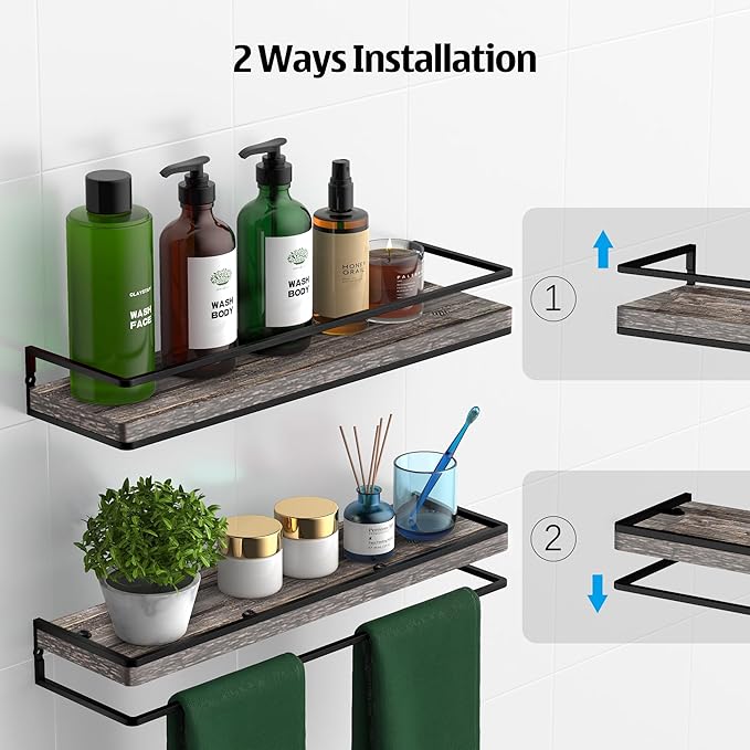 Meangood Floating Shelves Wall Mounted Set of 2, Rustic Wood Wall Storage Shelves for Bedroom,Living Room,Bathroom, Kitchen Pine-Ruum Studio Home