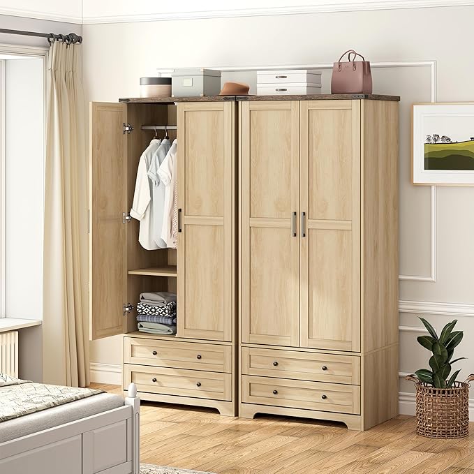 Brafab Armoire Wardrobe Closet with 2 Modern Doors Set of 2, 71" Tall Freestanding Closet Wardrobe Cabinet with Drawers and Hanging Rail, Wooden Storage Cabinet with Shelve for Bedroom,Natural-Ruum Studio Home