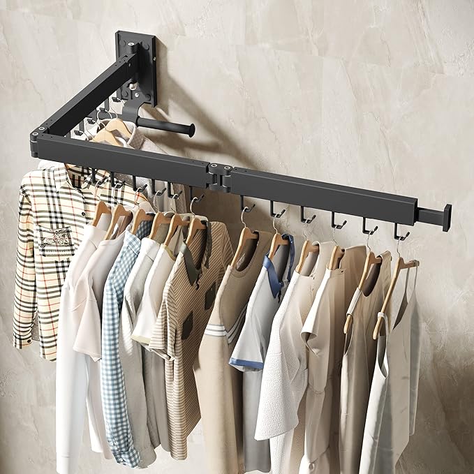 Drying Rack Clothing, Retractable Clothes Drying Rack,Wall Mounted Laundry Rack, Laundry Drying Rack Wall Mount,Collapsible Clothes Rack,can Fold Upward & Left & Right,Black Color-Ruum Studio Home