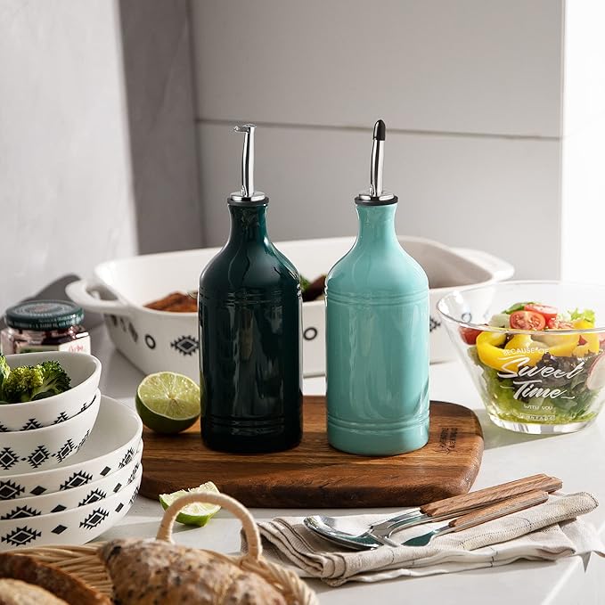 Sweejar Ceramic Olive Oil Dispenser Bottle, Opaque Oil Cruet Protects Oil to Reduce Oxidation, Suitable for Storage Oil, Vinegar, Coffee Syrups & Other Liquids, Pack of 1, 15.5 Fl Oz (Turquoise)-Ruum Studio Home