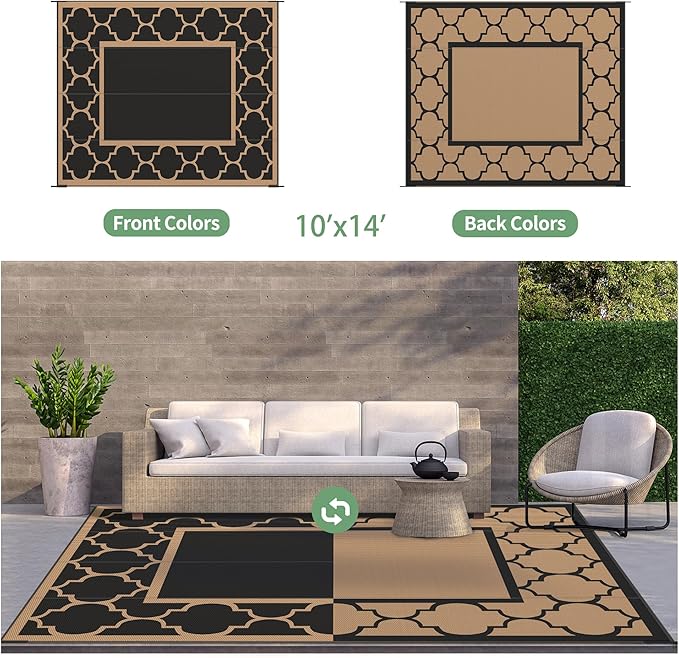 GENIMO 10 ' x 14 ' Outdoor Rug Waterproof for Patio Decor, Foldable Reversible Plastic Straw Area Rugs Mat for Camper, Outside Carpet for Rv, Deck, Porch, Picnic, Beach, Balcony, Black & Brown-Ruum Studio Home