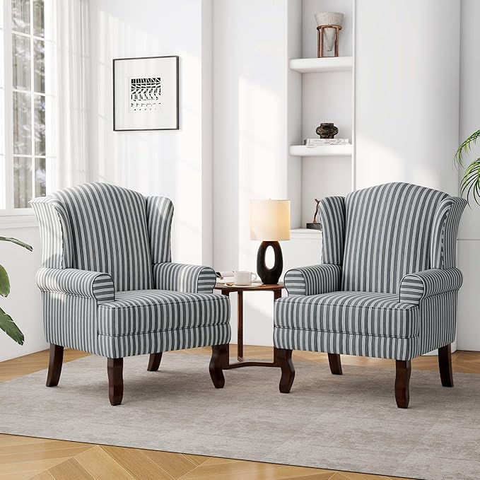 Accent Chair, High Back Upholstered Armchair with High Resilience Sponge & Wood Legs, Mid-Century Modern Comfy Single Sofa Reading Chairs for Living Room, Bedroom (Stripe Grey, Set of 2)-Ruum Studio Home