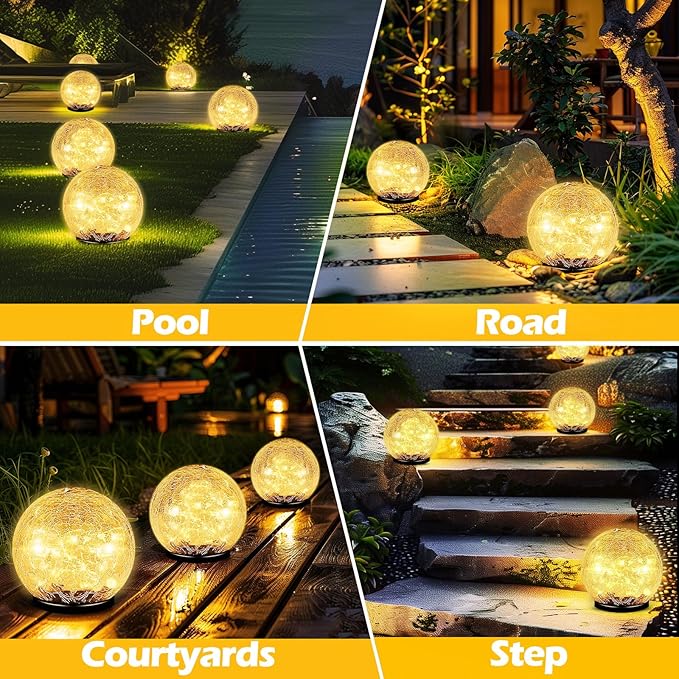Garden Solar Ball Lights Outdoor Waterproof, 50 LED Cracked Glass Globe Solar Power Ground Lights for Path Yard Patio Lawn, Christmas Decoration Landscape Warm White(2 Pack 4.7'')-Ruum Studio Home