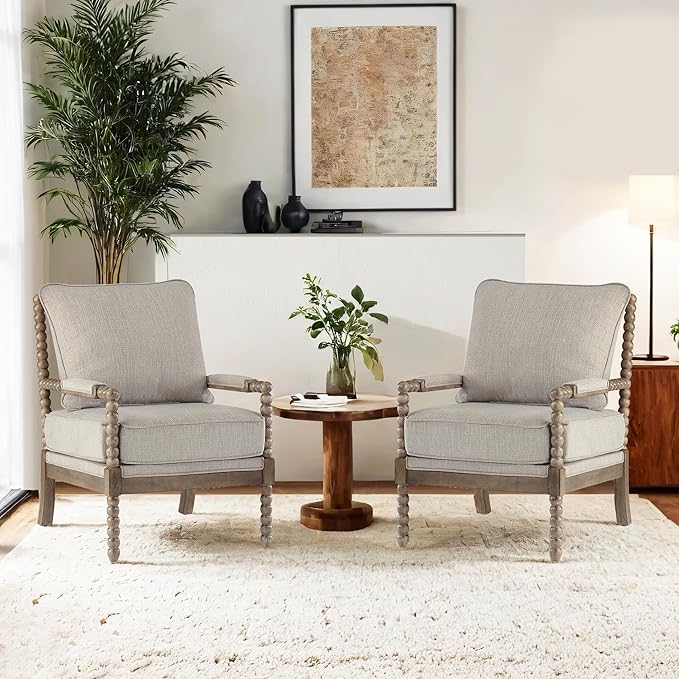 DUHOME Linen Fabric Spindle Accent Chairs Set of 2,Spool Chairs with High Resilience Spring Cushion and Armrest Pads, Leisure Armchair for Living Room Bedroom Farmhouse Home Office Belcony-Ruum Studio Home
