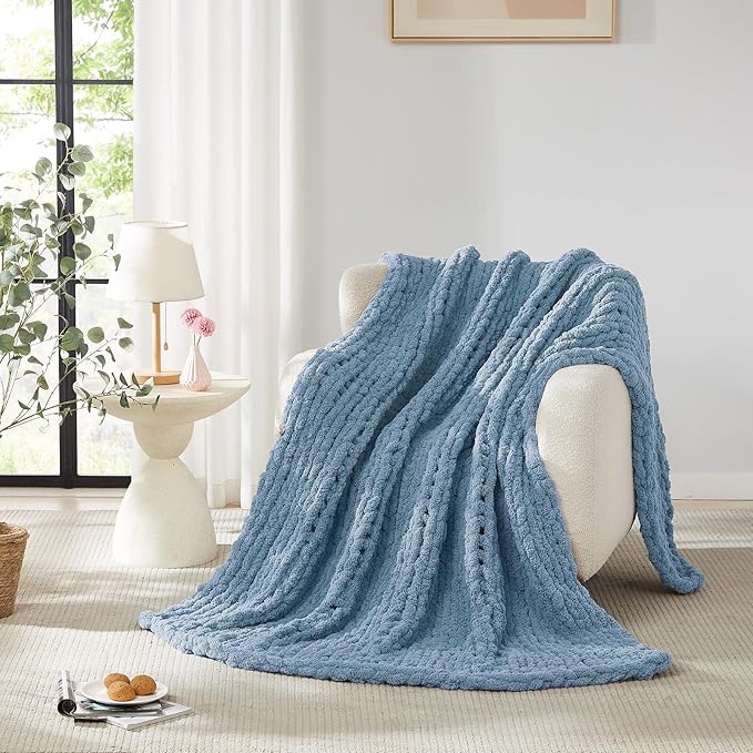 L'AGRATY Chunky Knit Blanket Throw: 72''x84'' Chenille Chunky Knitted Throw Blankets for Bed Couch - Handmade Thick Big Cable Knit Blanket - Large Crochet Rope Blankets for Home Decor(Airy Blue)-Ruum Studio Home