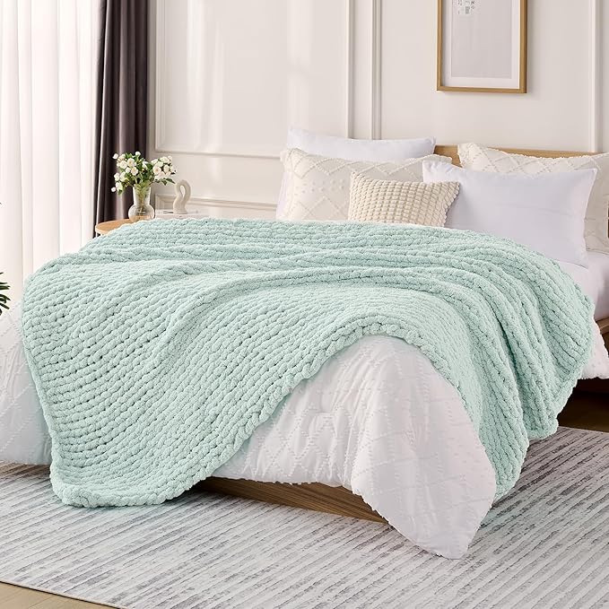 L'AGRATY Chunky Knit Blanket Throw: 50''x60'' Chenille Chunky Knitted Throw Blanket for Bed Couch - Handmade Thick Big Cable Knit Blanket - Large Crochet Rope Blanket for Home Decor(Mint Green)-Ruum Studio Home