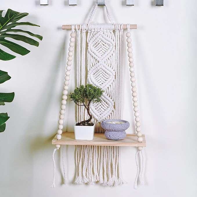 Wooden Macrame Wall Hanging w/Shelf & Sturdy Beaded Rope - Handmade Modern Living Room Decor - Macrame Wall Decor to Securely Hold Plants & More - Beautiful Boho Decorations for Interior Design-Ruum Studio Home