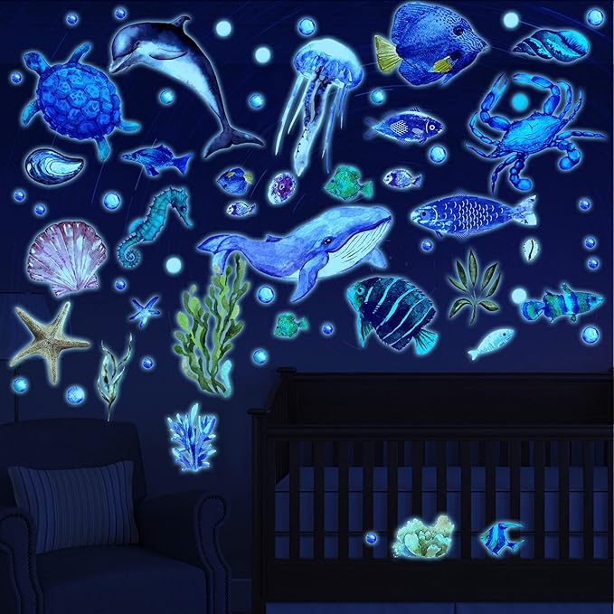 52 Pcs Ocean Fish Wall Decals Glow in The Dark Under The Sea Wall Decals Sea Animals Stickers Removable Waterproof Peel and Stick for Kids Bathroom Watercolor Ocean Decor(Cute Style)-Ruum Studio Home
