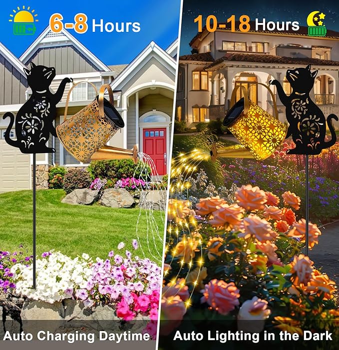 Solar Lights Outdoor Decorative, Watering Can with Cascading Lights, with Cat Silhouette Garden Stakes, Waterproof Metal Garden Decor for Yard Art, Outside, Patio, Lawn Ornaments-Ruum Studio Home
