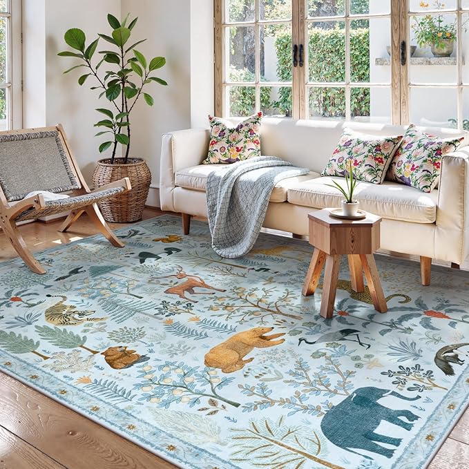 OJIA Animal Print Washable Area Rug 5x7, Soft Nursery Rugs for Living Room Ultra-Thin Non-Shedding Kids Bedroom Rug, Stain Resistant Throw Rug Large Carpet for Dining Room, Light Blue-Ruum Studio Home