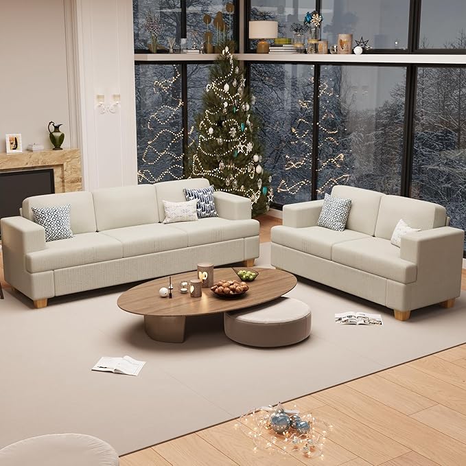 89" White Corduroy Sofa for Living Room, 3 Seater Cloud Couch, Deep Seat Floor Couch for Bedroom, Futon Modern Sofa Bed, White Corduroy-Ruum Studio Home