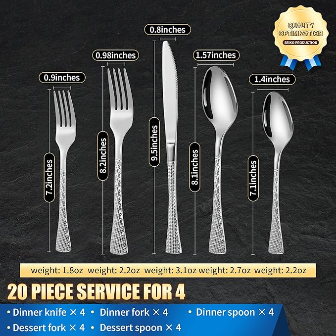 Hammered Silverware Set,20 Piece Modern Flatware Set Service for 4,Mirror Polished Stainless Steel Cutlery Set Utensil Set Tableware Set,Kitchen Knives Forks Spoons Set,Dishwasher Safe-Ruum Studio Home