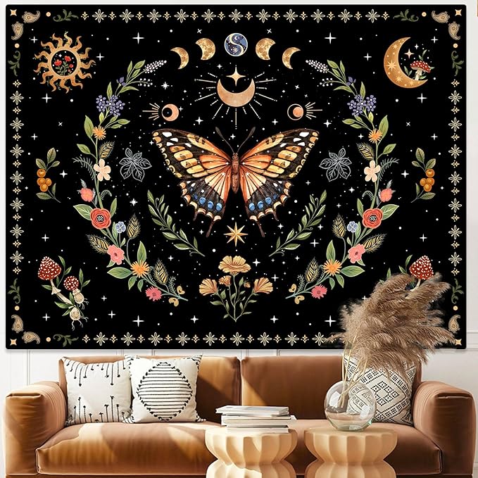 Lunerfex Boho Butterfly Tapestry Flower Moon Wall Tapestry, Moon Phases Tapestries for Bedroom Cute Tapestries Wall Hanging for Bedroom Living Room Decor Butterfly-1 44"x60"-Ruum Studio Home