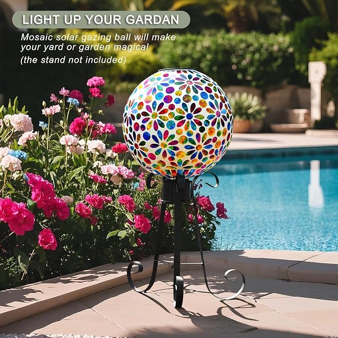 VOREEN 10" Mosaic Glass Gazing Ball with Solar Light, Outdoor Solar Gazing Globe, Handmade IP44 Waterproof Garden Decor Sphere for Patio Yard, Ideal Gift for Mom Wife Friend, Colorful Daisy Design-Ruum Studio Home