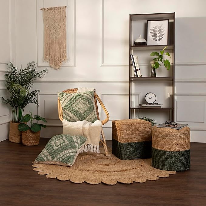 REDEARTH · Cylindrical Pouf Foot Stool Ottoman - Jute Braided Pouffe Poof Accent Sitting Footrest for The Living Room, Bedroom, Nursery, Patio, Lounge - Set of 2 (14.5”x14.5”x16”; Natural Olive)-Ruum Studio Home