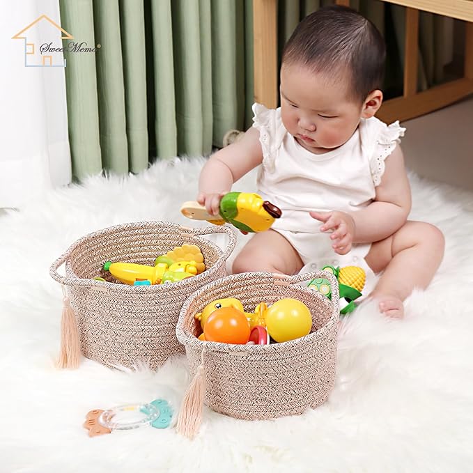 Small Soft Organizer Baskets，Decorative Mini Round Woven Rope Storage Bin Empty Gift Baskets for Man，Office, Desk Decor, Gifting, Kids, Toys, Pre Shaped, Brown, 2 Pack-Ruum Studio Home
